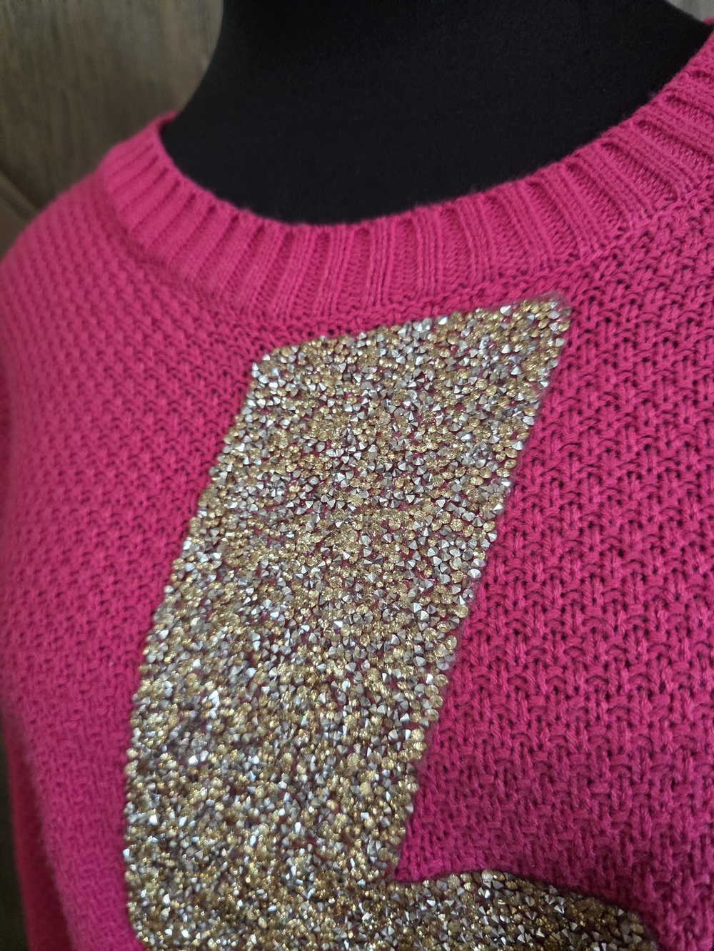 Judith March Hot Pink Knit Sweater with Gold Sequin Lightning Bolt - Picture 3 of 5